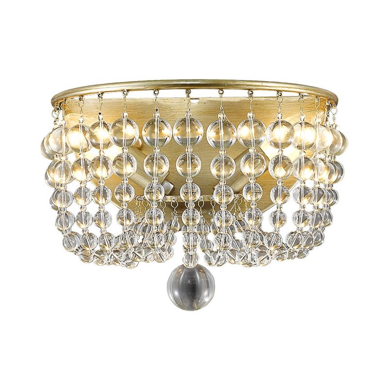 2-Bulb Wall Mounted Lamp Countryside Beaded Crystal Ball Wall Sconce Lighting in Gold for Living Room