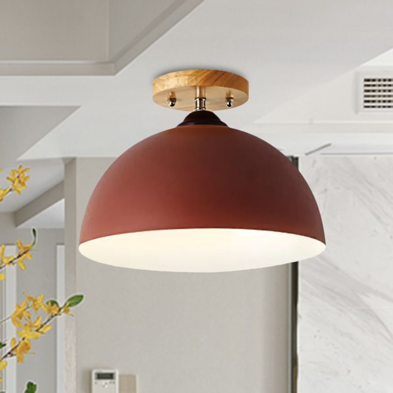 Red/Pink/White/Gray Domed Semi Flushmount Light Macaron Metal 1 Head Bedroom Semi Flush Ceiling Light, 12" W