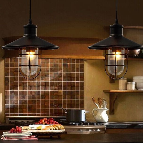 Iron Frame Single Pendant Light in Industrial Retro Style Glass Cone Hanging Lamp in Black