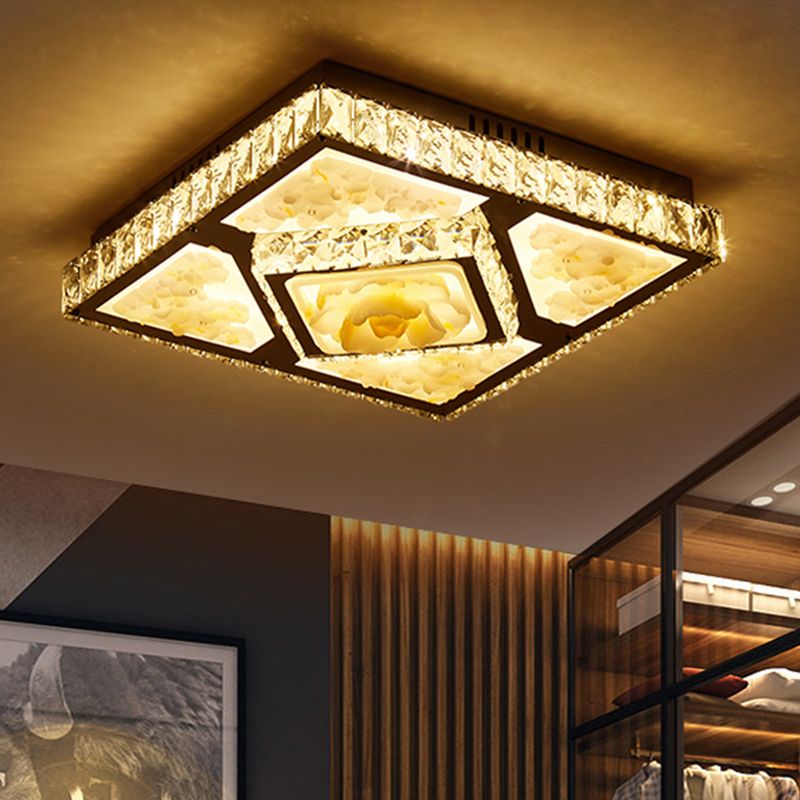 Modernism Square Ceiling Flush Crystal Block LED Parlor Flush Mount Light with Lotus Design in Chrome