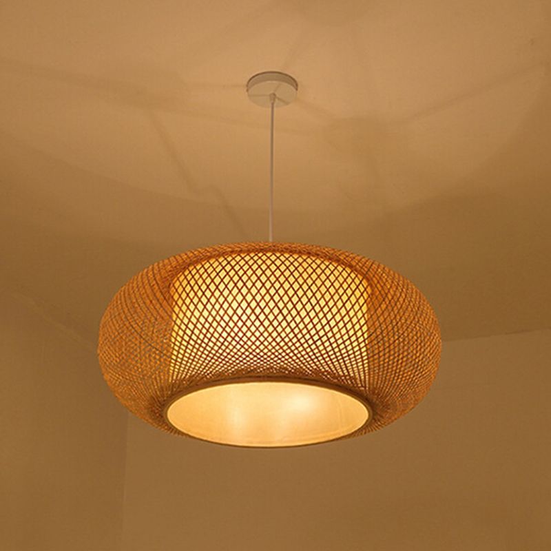 Chinese Drum Pendant Lighting Fixtures Rattan Hanging Light with Hanging Cord for Restaurant