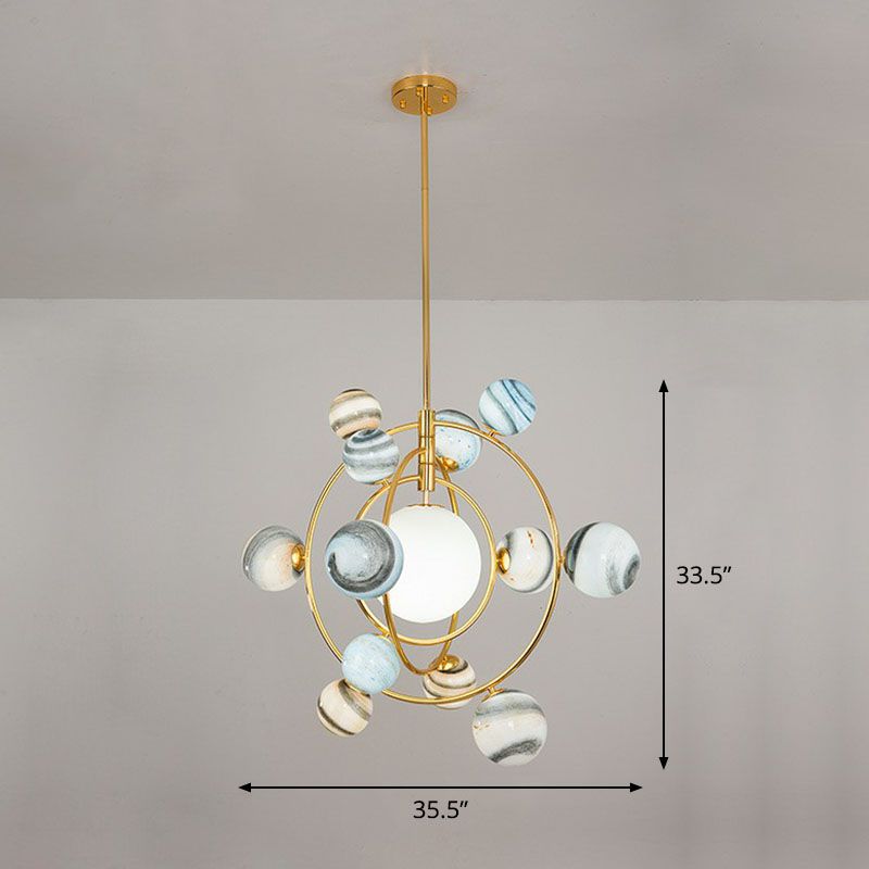 Postmodern Creative Chandelier Gold Orbital Planet Pendant Light con tonalità di vetro colorato