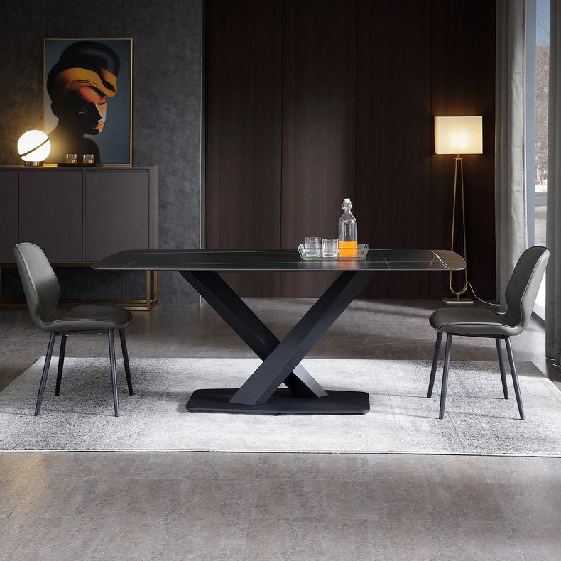 Table à manger rectangle de pierre noire noire table de cuisine industrielle avec base de piédestal