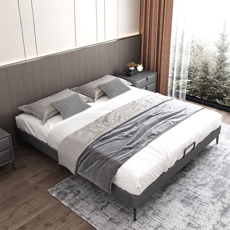Contemporary Panel Bed Faux Leather and Wood Platform Bed Frame in Dark Grey