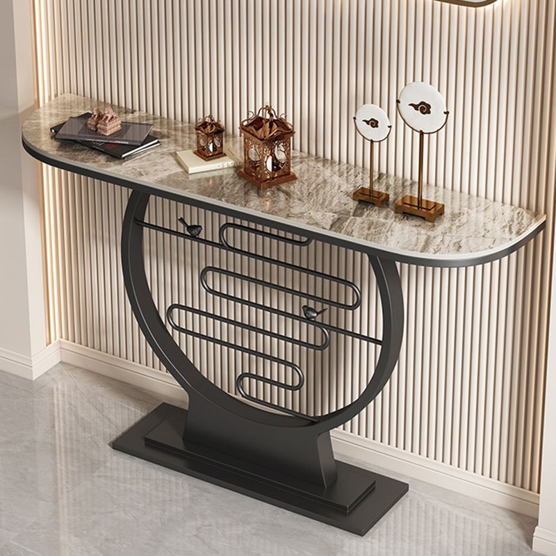 31.5" Tall Stone Console Accent Table Half Moon End Table with Shelf