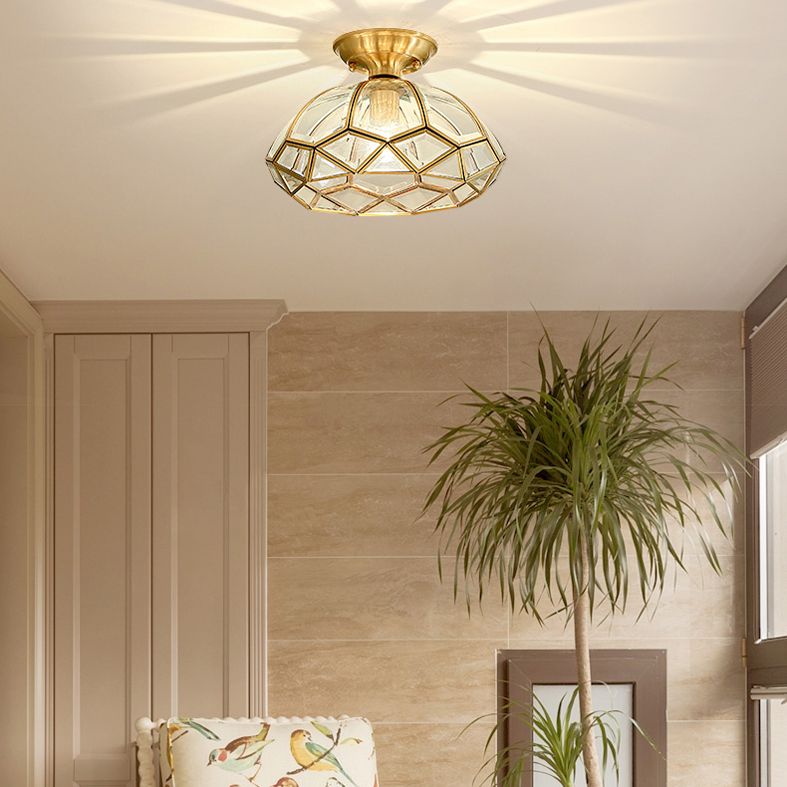 Ceiling Mounted Fixture Classic Style Shaded Glass Close to Ceiling Lighting Fixture in Brass