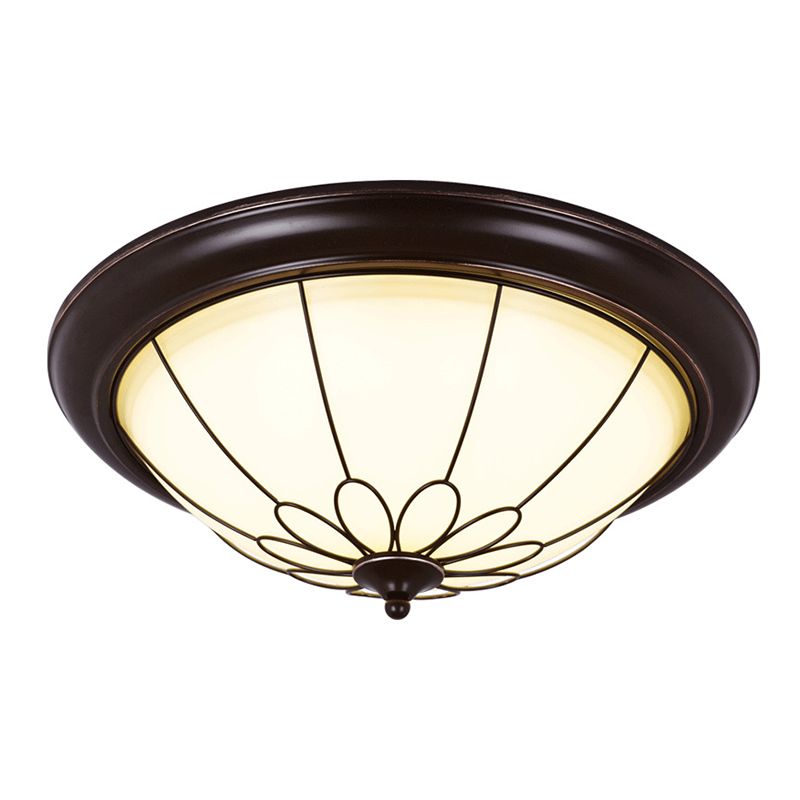 Koepelvormige plafondinbouwlamp in de hal, landelijke stijl, wit glas, zwart, inbouw LED-licht