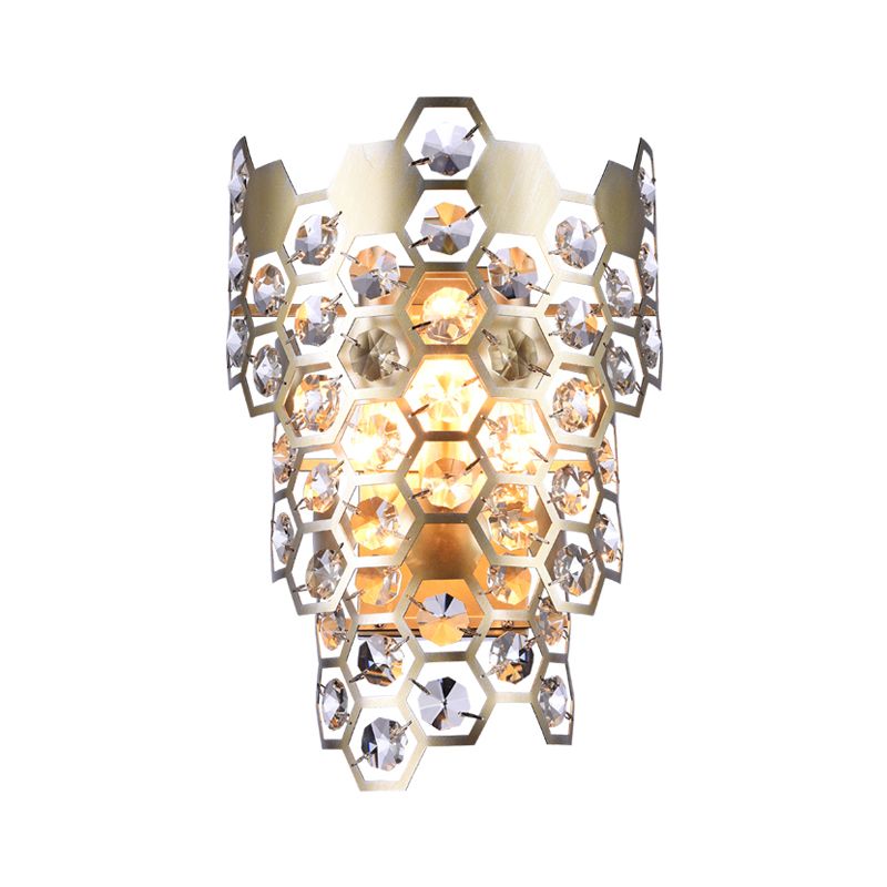 Contemporary Tapered Flush Wall Sconce 3 Bulbs Hexagon-Crystal Embedded Wall Mounted Light in Champagne