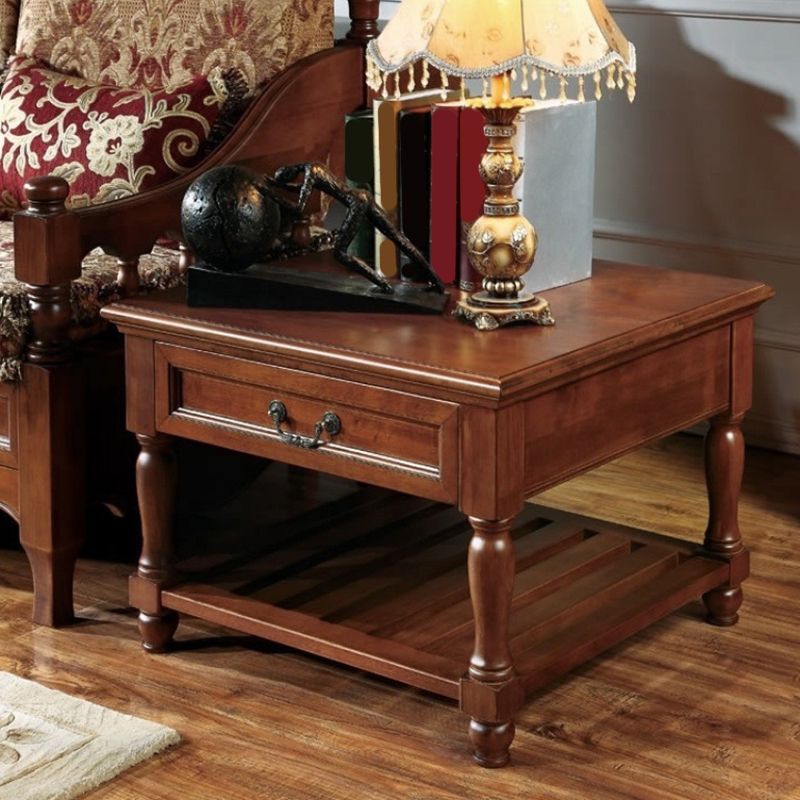 French Country Wood End Table Double Tier Square Sofa Side Table with Storage