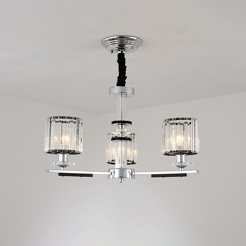 Cylindrical Pendant Chandelier Minimalism Clear Crystal 3 Heads Dining Room Pendant Lighting in Chrome