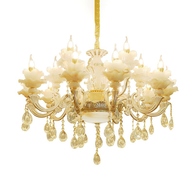 Gouden bloemen ruche plafondverlichting traditionele jade woonkamer kroonluchter licht met kristal draperen