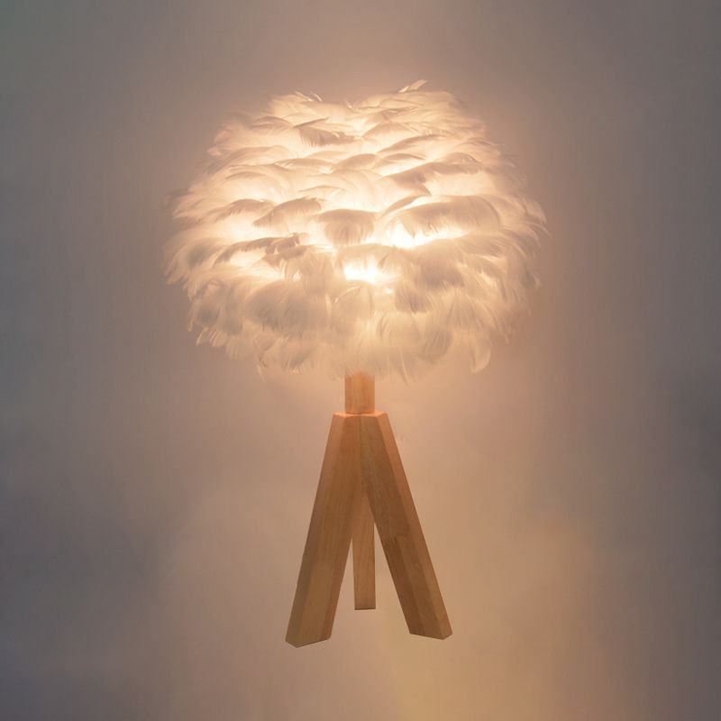 Goose Feather Dome Night Light Nordic 1 Bulb Grey/White/Pink Table Lamp with Tripod/Straight Stand in Black/White/Wood