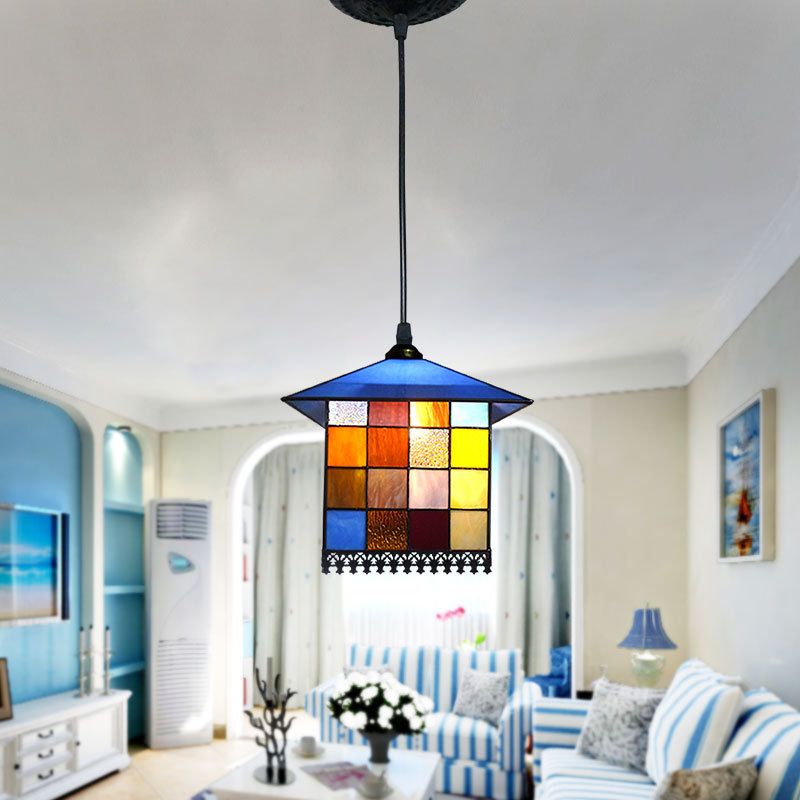 1-Light House Shaped Ceiling Pendant Mediterranean Blue Stained Glass Suspension Lighting