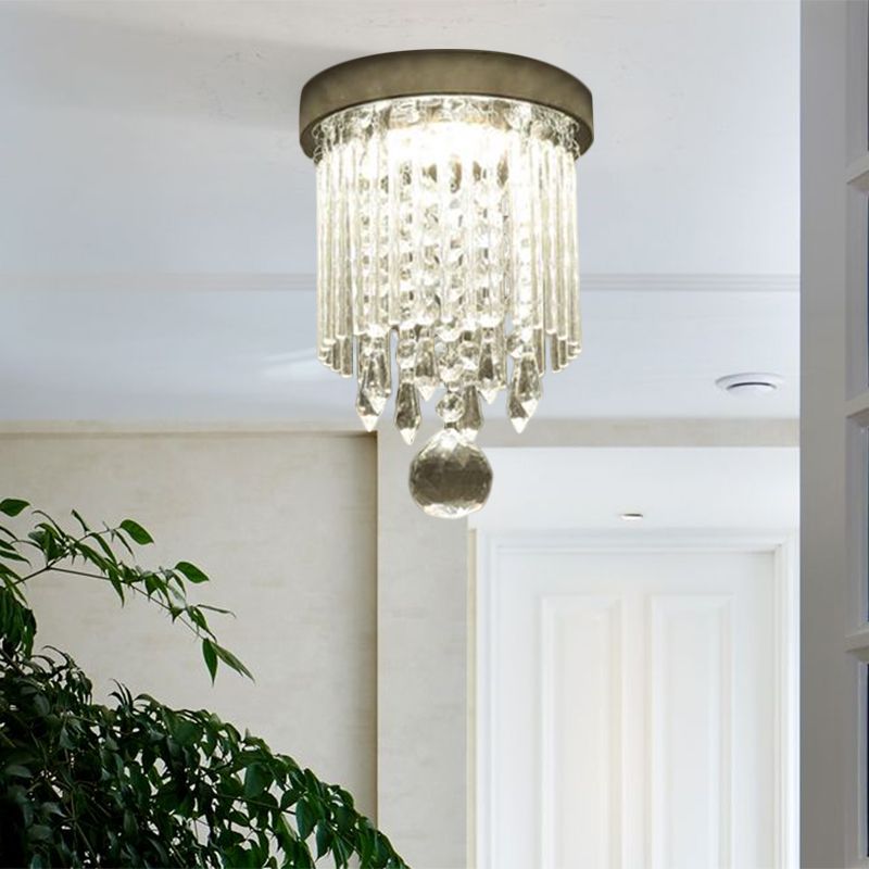 Contemporary LED Flushmount Lighting with Crystal Rod Shade Chrome Cylinder Close to Ceiling Lamp, 8"/19.5" Wide