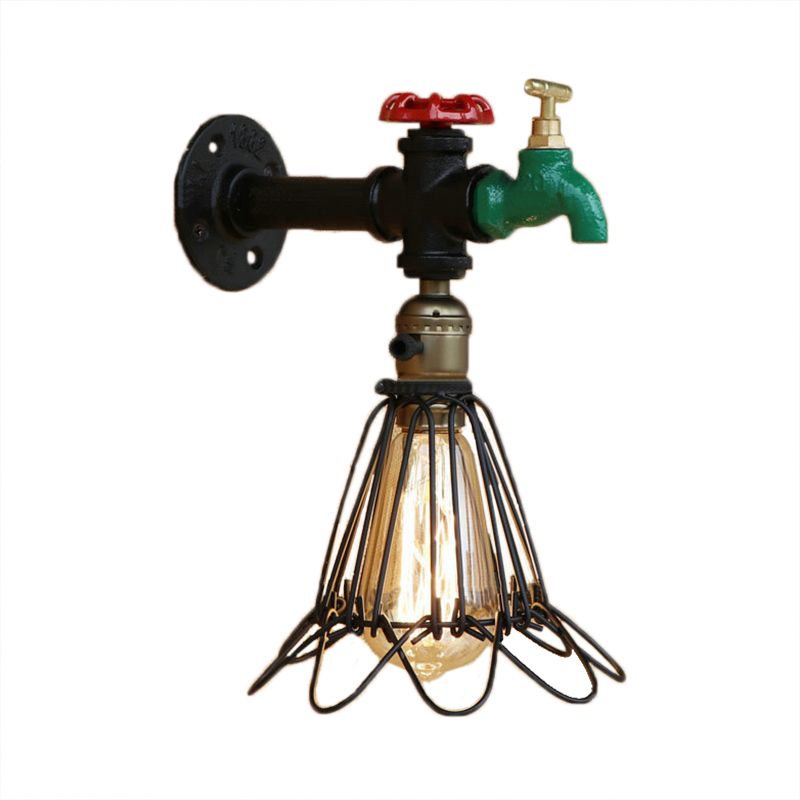 Schwarz Finish 1 Lampen Wandleuchten rustikaler Metallkäppchen -Schatten -Beleuchtung mit Wasserhahn und Ventil