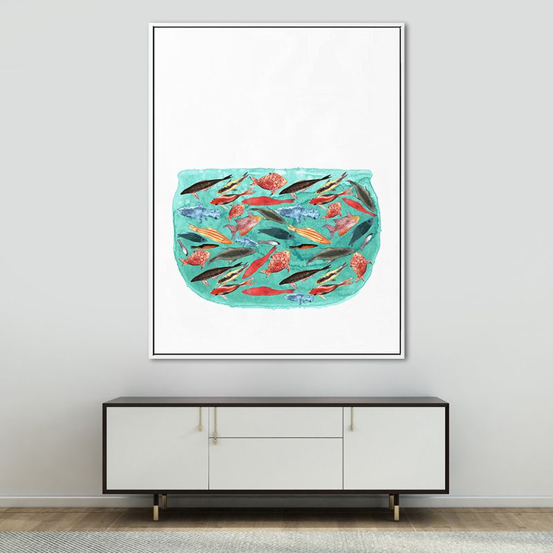 Cartoon Kids Art Print Fish in Aquarium Green Canvas for Living Room, Multiple Sizes Available