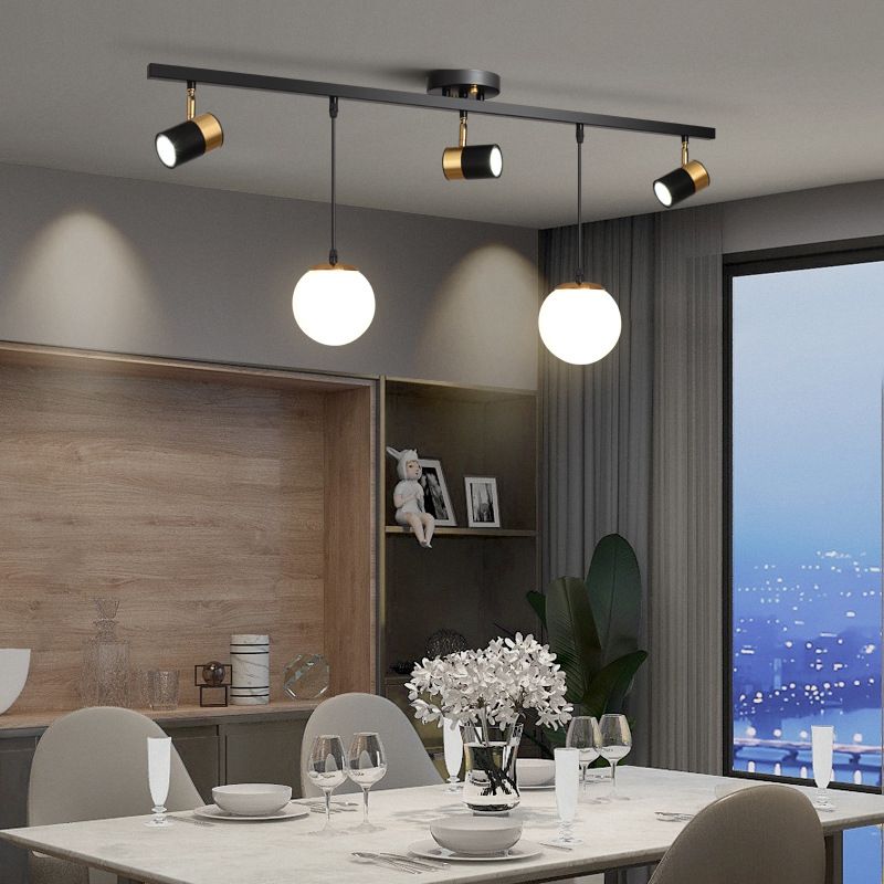 Blown Glass Globe Island Light Modern 5 Heads Black Pendant Spotlight for Dining Room