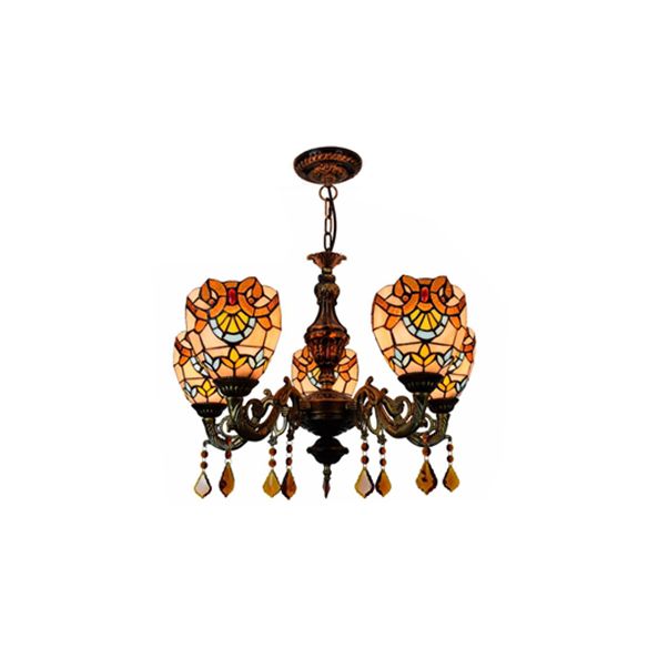 Bowl Chandelier Retro Style Stained Glass 5 Lights Hanging Pendant with Crystal for Bedroom