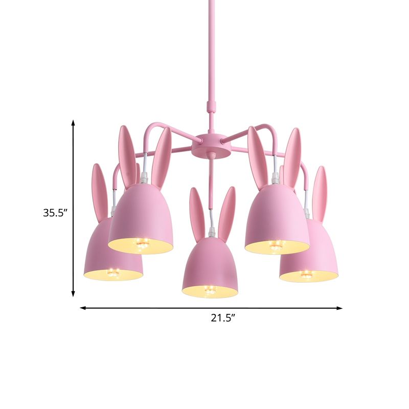 Metal Rabbit Shade Drop Pendant Light Cartoon 5 Lights Chandelier Lighting Fixture in Pink
