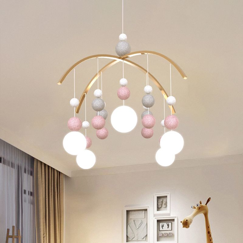 Globe Chandelier Light Cartoon White Glass 5-Bulb Pink/Blue Hanging Pendant with Small Ball Decor