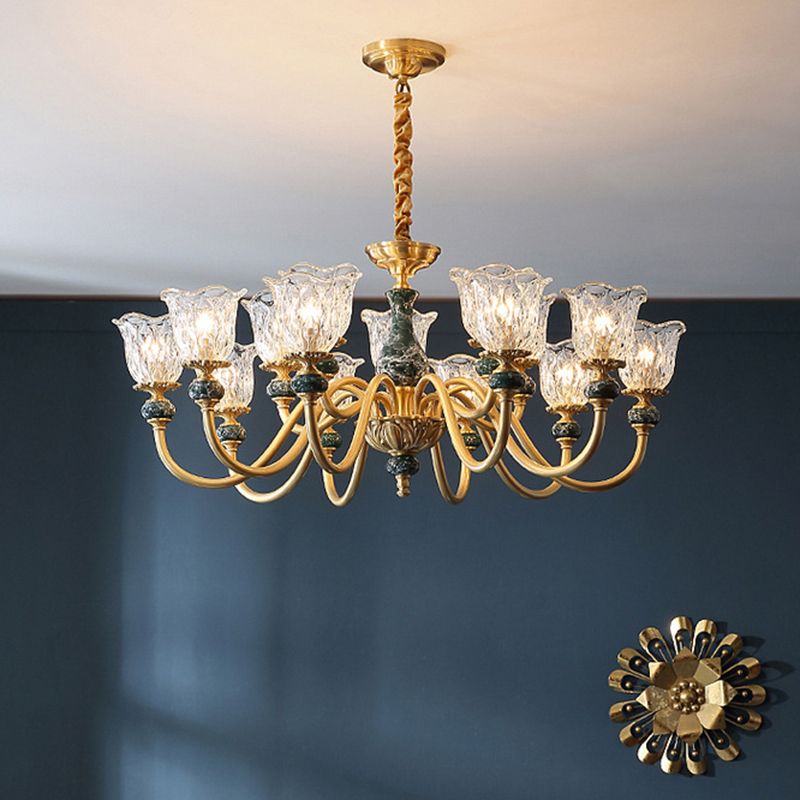 Traditional Flared Ceiling Lighting Carved Glass Chandelier Light Fixture with Ruffle Edge in Brass