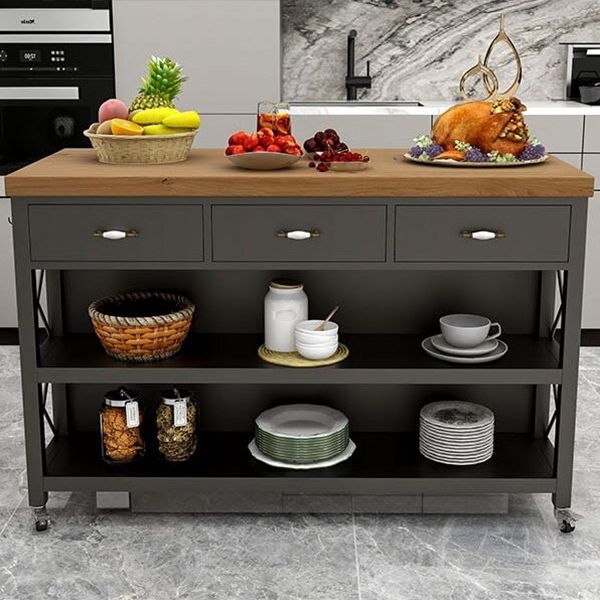 Modern Style Rolling Kitchen Cart Metal Rectangular Kitchen Island Cart with Open Storage
