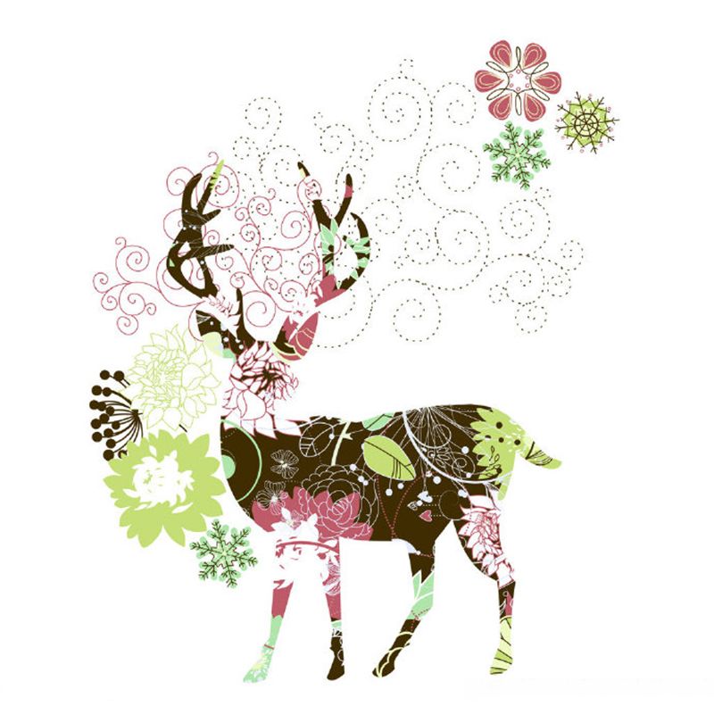 Floral Deer Drawing Murals Art Deco Non-Woven Cloth Wall Covering in Pink and Green