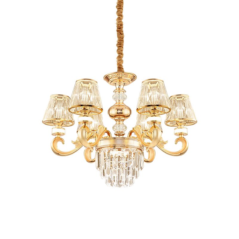 3-Tier Faceted Crystal Chandelier Lighting Modernism 6/8 Heads Living Room Hanging Lamp Kit in Gold with Conic Shade