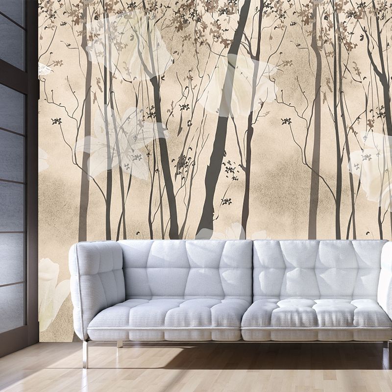 Floral Print Forest Wall Murals Contemporary Non-Woven Wall Art in Black and Yellow