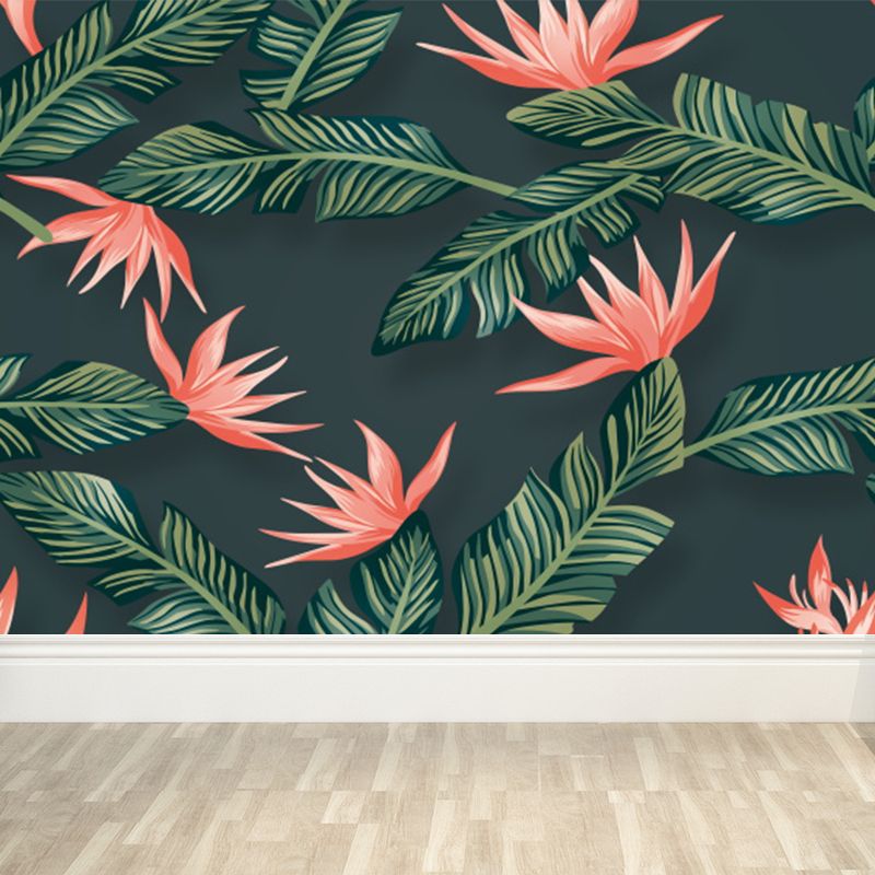Tropical Flowers and Leaves Mural for Girls Bedroom Personalised Wall Decor in Green