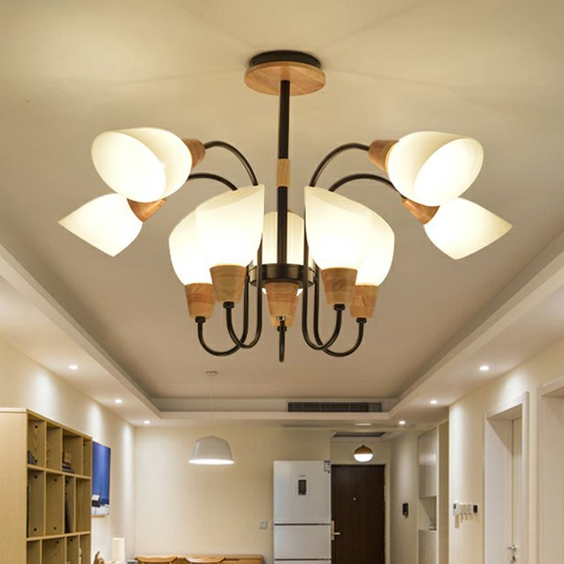 Tulip Flower Restaurant Chandelier Cream Glass Nordic Style Pendant Light in Black and Wood