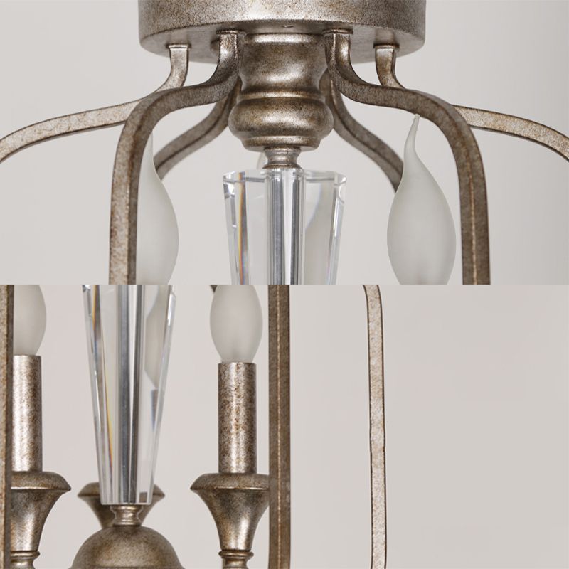 Traditionelle Käfig -Hängelampe 3 Lampenlampen -Metallleuchterleuchte mit Kristallakzent in gealtertem Silber