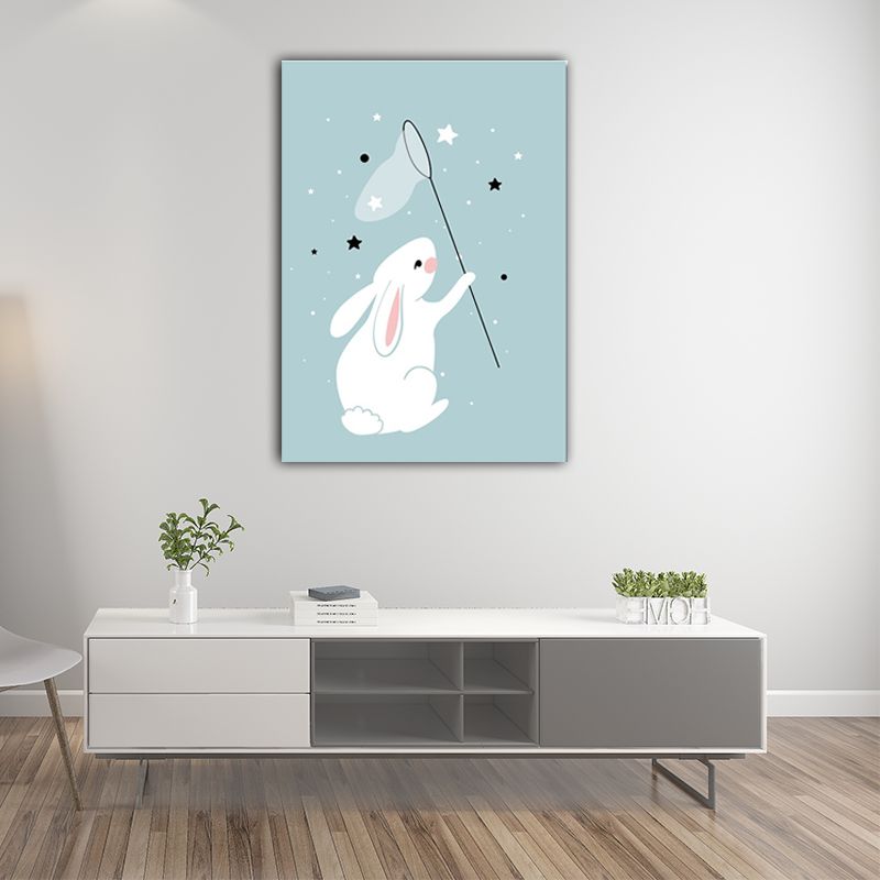 Rabbit Catching Stars Canvas Modern Wall Art Prints in Blue for Drawing Room (Multiple Sizes)