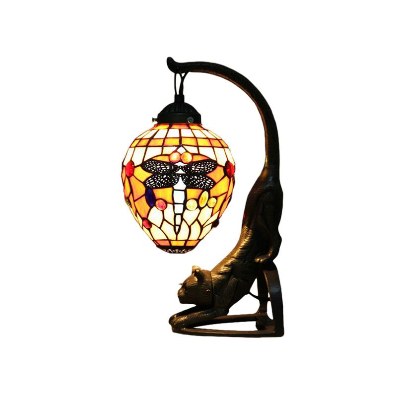 Cut Glass Dragonfly Desk Lighting Baroque Style 1 Light Red/Green Cat Table Light for Bedroom