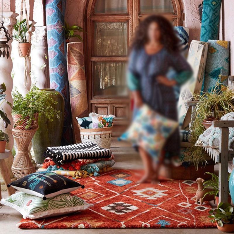 Red Bohemian Area Rug Polyester Americana Pattern Area Carpet Non-Slip Backing Rug for Home Decor
