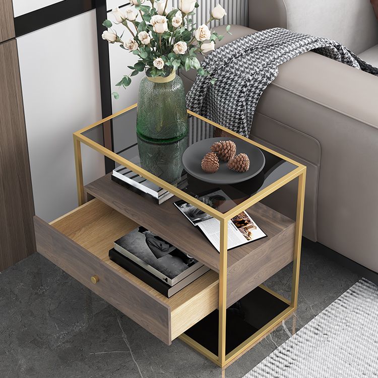 21.65" Tall Rectangular Glass Top Side Table Stainless Steel Frame End Table with Storage