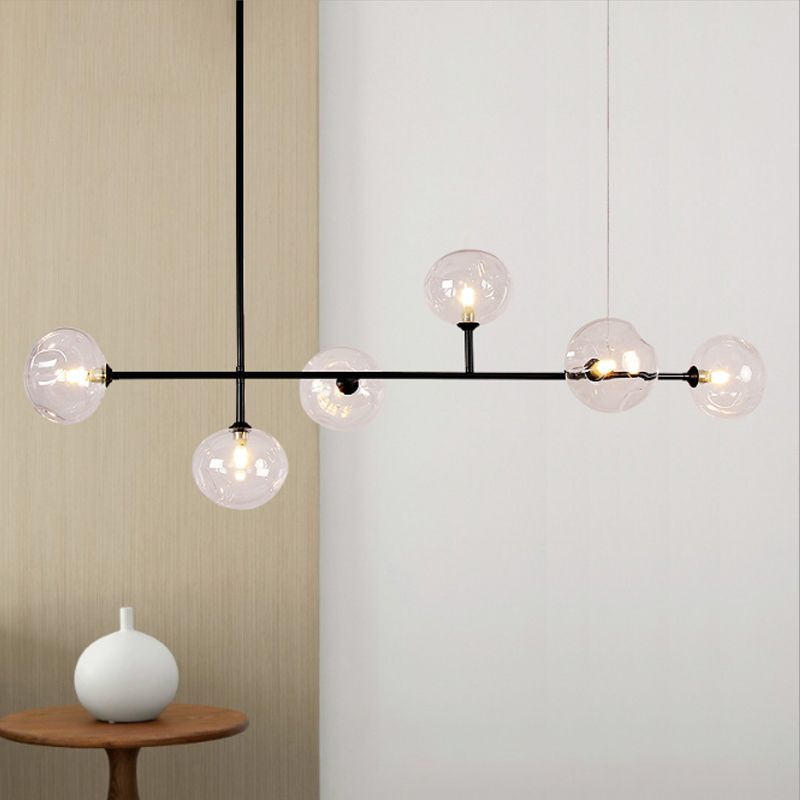 Glass Bubble Shade Hanging Chandelier for Restaurant 6 Lights Modern Metal Island Light in Black