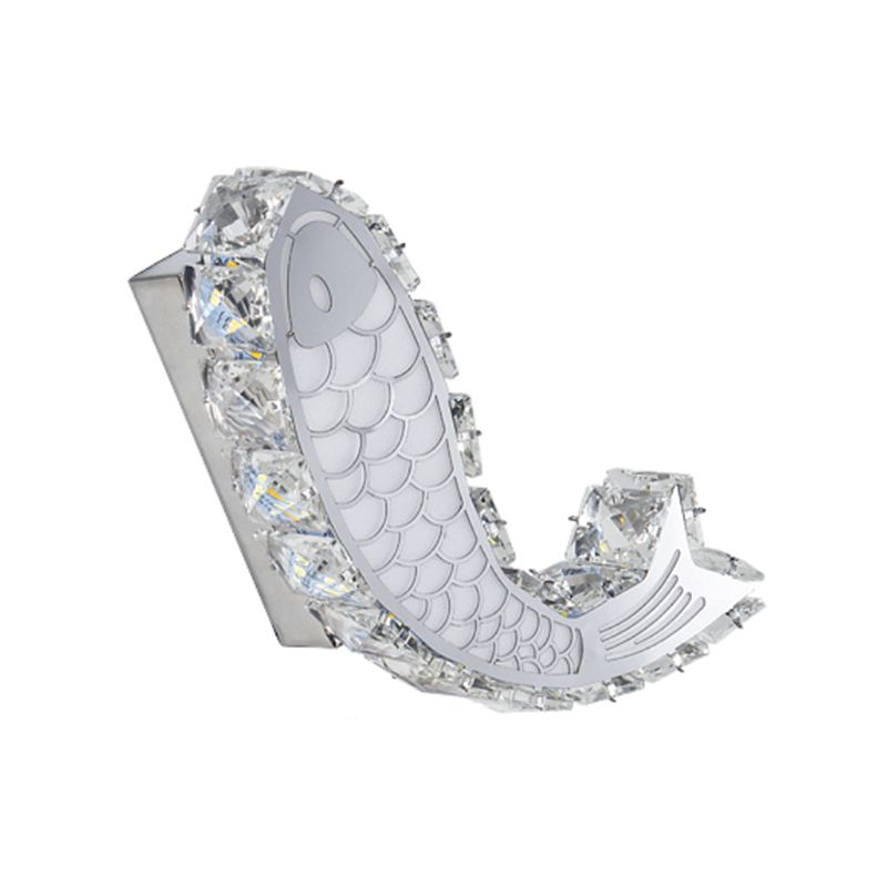 LED Bedside Wall Mounted Lamp Contemporary Chrome Wall Sconce with Carp Crystal Block Shade