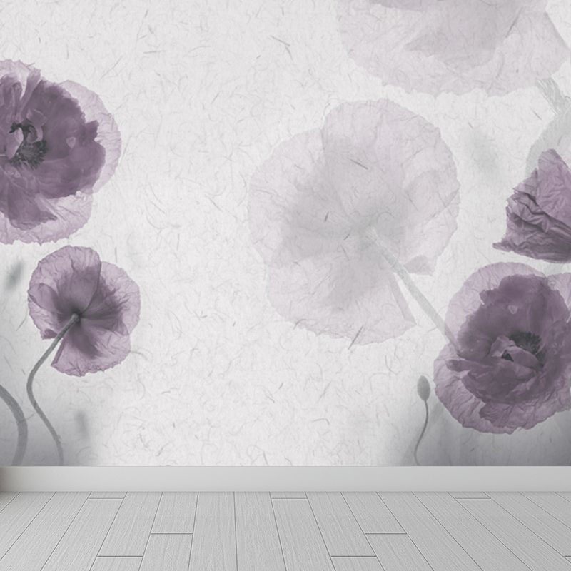 Purple Flower Mural Decal Washable Modernist Bedroom Wall Covering, Custom Printed