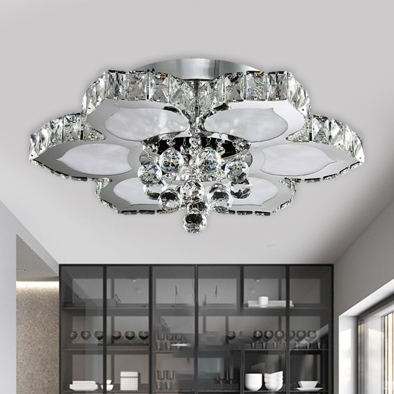Beveled Glass Lotus LED Flush Light Contemporary Ceiling Flush Mount in Chrome for Bedroom, 17"/22" Wide