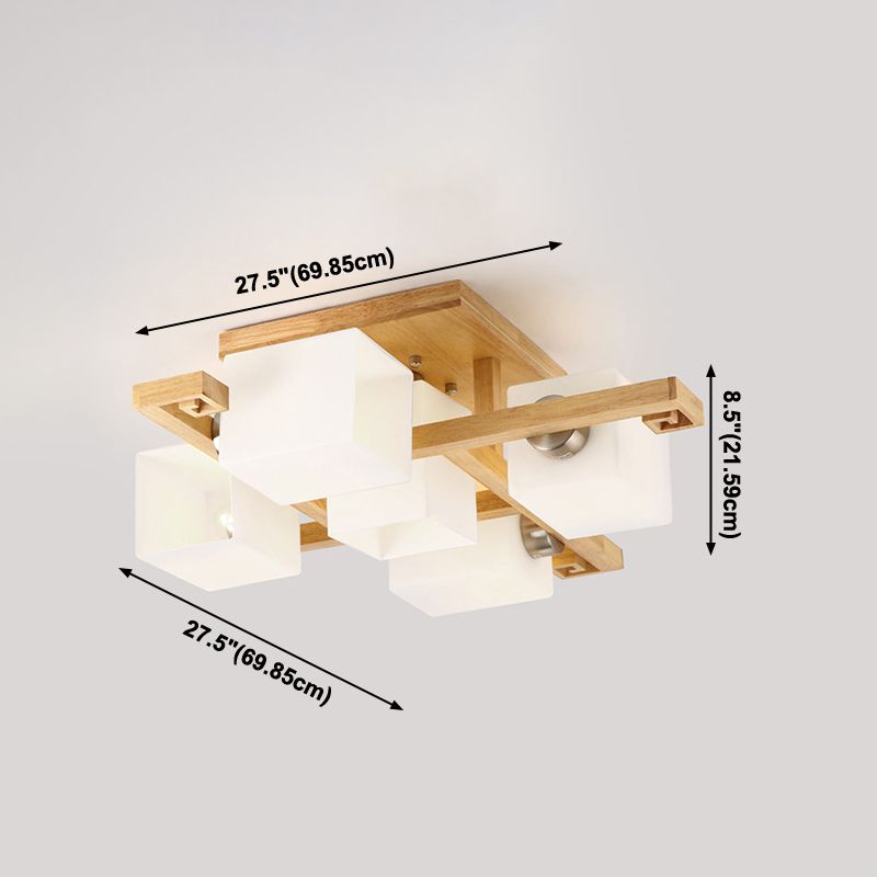 Plafonnier géométrique en bois semi-encastré artistique moderne avec abat-jour en verre blanc