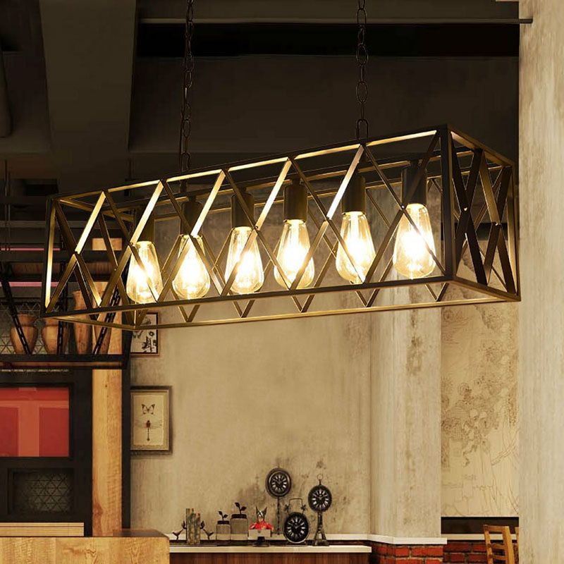 Rectangular Iron Island Pendant Lighting Vintage Dining Room Ceiling Light in Black