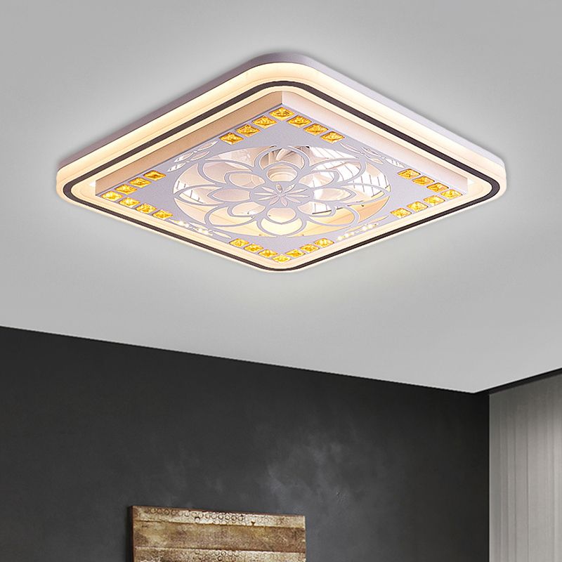 7 Blades LED Square Semi Flush Light Moderne weiße Kristallblöcke Anhängerlüfter, 21,5 "breit