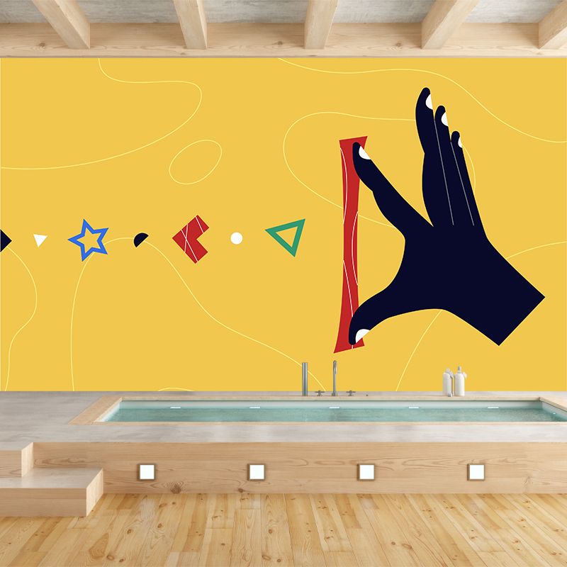 Art Deco Hand Wall Mural in Black on Yellow Moisture Resistant Wall Covering for Accent Wall