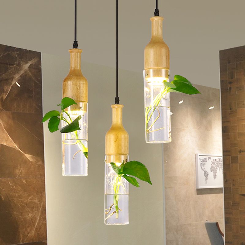 Wine Bottle Clear Glass Pendant Art Deco 1 Bulb Bedroom Plant Ceiling Hang Fixture in Wood