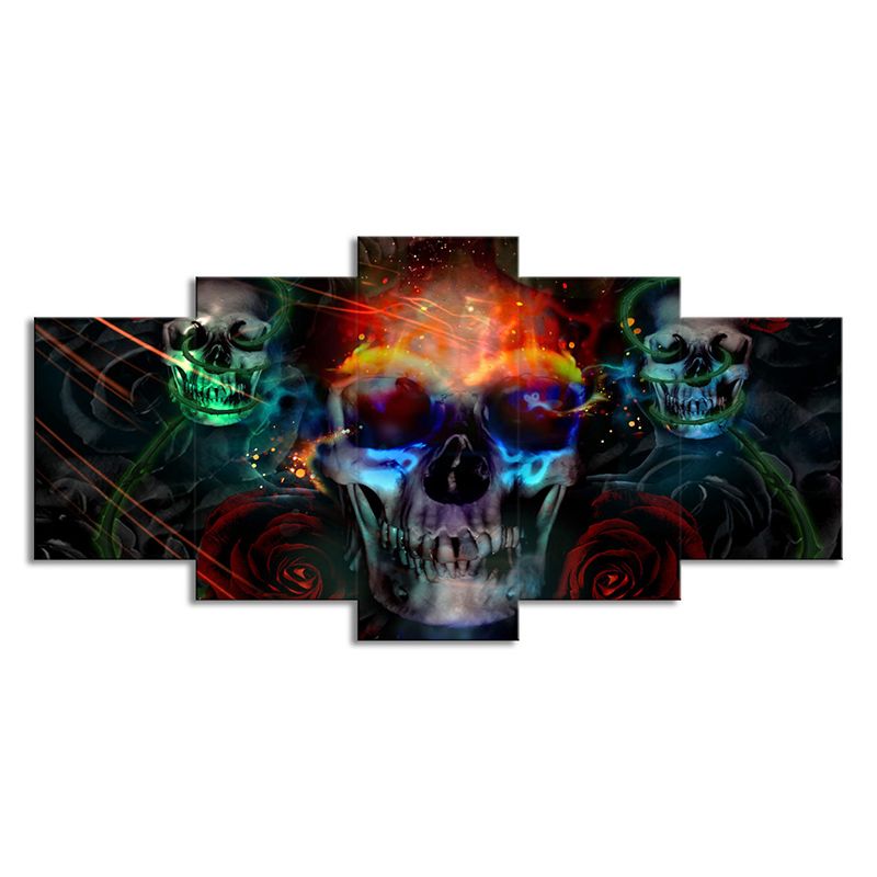 Multicolored Skull Skeleton Wall Art Multi-Piece Kids Style Bedroom Canvas Print on Black