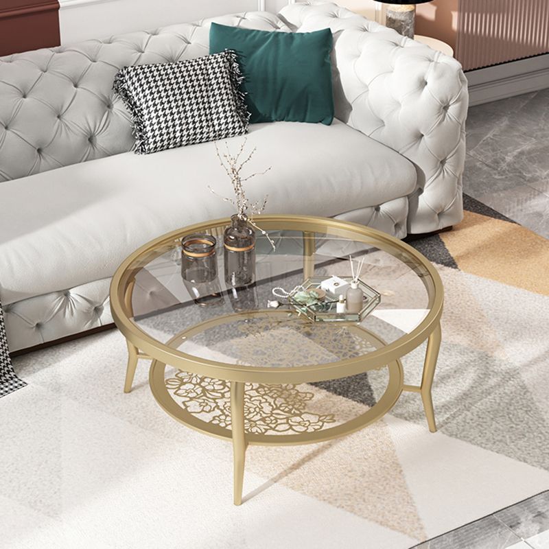 23.6"/17.7"H Modern 4 Legs Steel Base Glass Round Coffee Table with Shelf