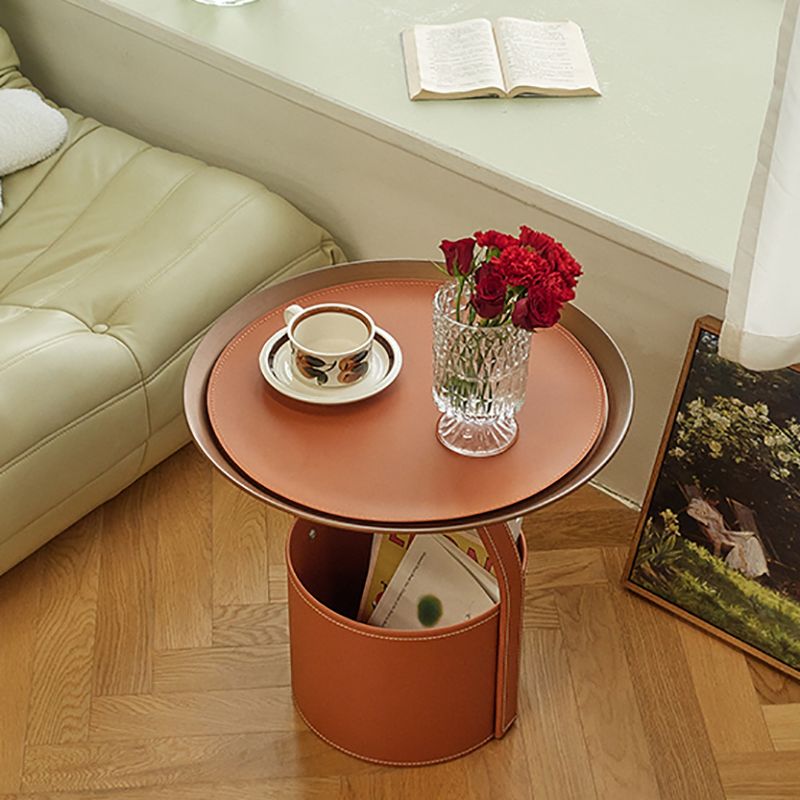 Contemporary Round Side End Table Leather Pedestal End Table