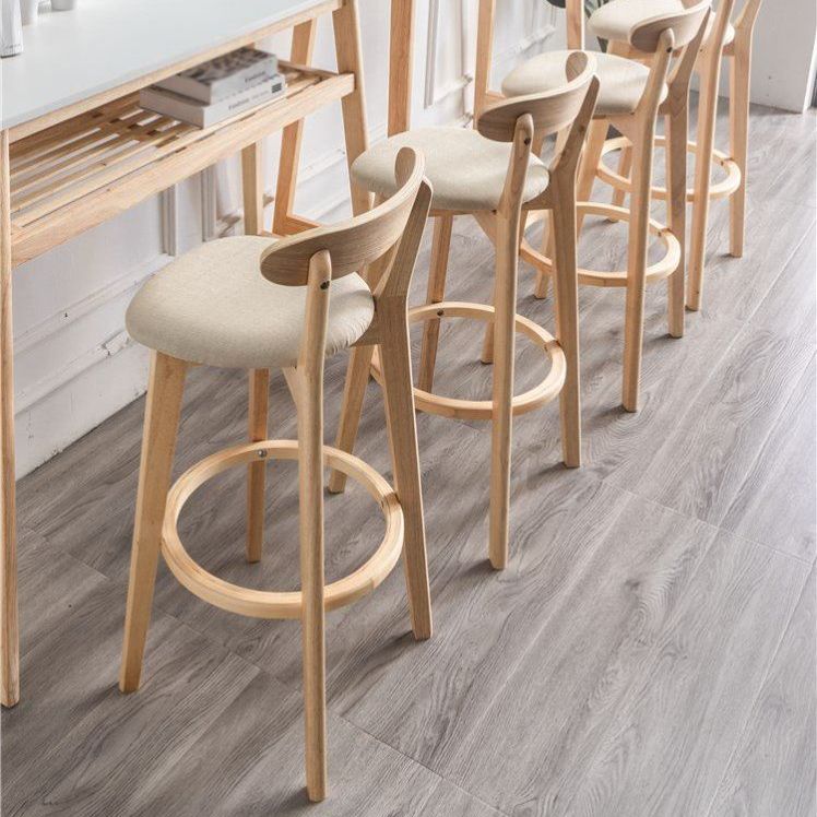 Scandinavian Rubberwood Milk Tea Shop Stool Matte Finish Upholstered Footrest Barstool