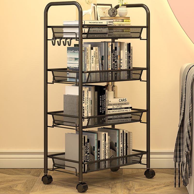 Modern Style Bookshelf Open Back Metal Bookcase with Caster Wheels for Home